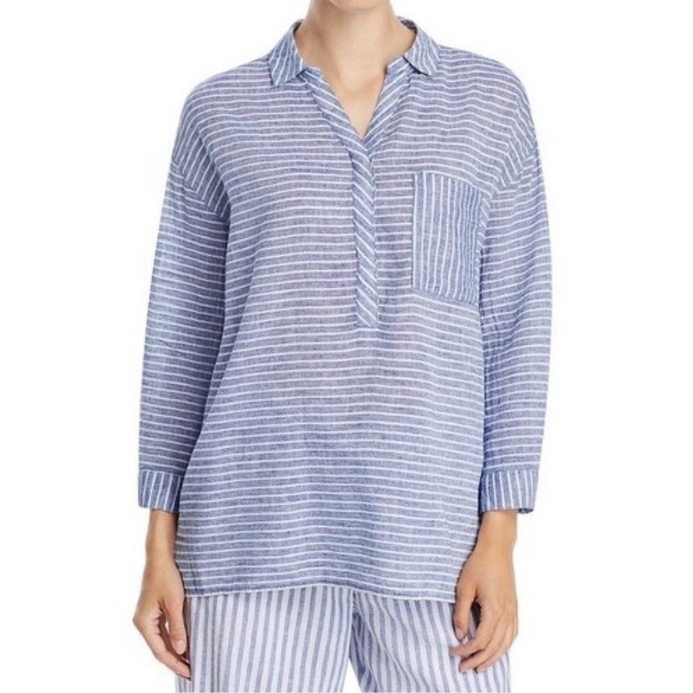 Beachlunchlounge Striped Linen Blend 3/4 Sleeve Tunic Top Women's Size Medium